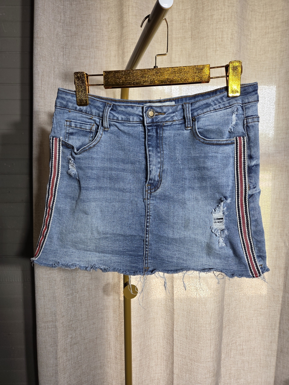 Angel Kiss Light Blue Denim Mini Skirt with Side Stripes